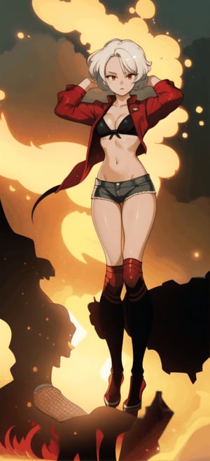 sole_female, white_hair, short_hair, red_eyes, pale_skin, average_breasts, rage, black_bikini_top, red_jacket, daisydukes, (standing, facing_viewer, looking-at-viewer), windy, silhouette, backlighting, massive fire in background, 