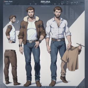multiple_views, model sheet, reference_sheet, sole_male, toddmac2023, light_blue_eyes, shorthair, brown_hair, beard, stubble, stocky build, manly, brown leather bomber jacket with fur-lining, grey long_sleeve shirt, blue_jeans, (white_background:1.4), high_resolution, masterpiece