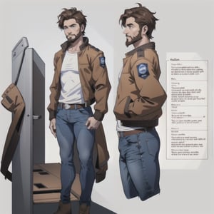 multiple_views, model sheet, reference_sheet, sole_male, toddmac2023, light_blue_eyes, short-hair, brown_hair, beard, stubble, stocky build, manly, brown leather bomber jacket with fur-lining, grey long_sleeve shirt, blue_jeans, (white_background:1.4), high_resolution, masterpiece