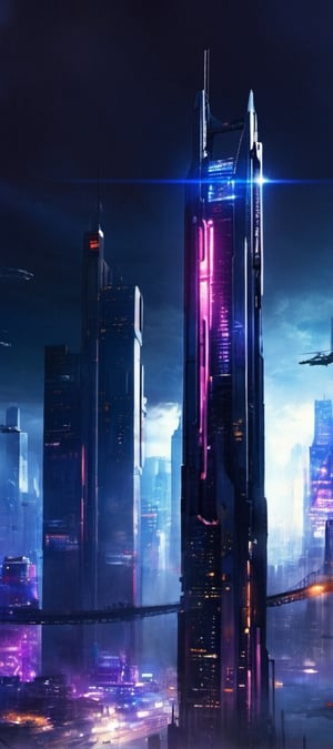 Dark Skyscraper towering above SciFi cityscape, Cyberpunk, (midnight:1.4), realistic, cinematic lighting, night city