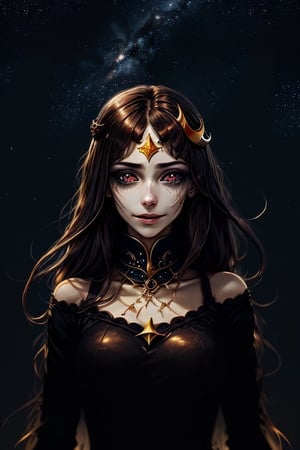 a woman with a crescent in her hair a night sky background with stars, swirls in the background, a crescent in the sky,horror