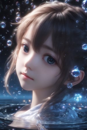 masterpiece, extremely best quality,  official art,  cg 8k wallpaper,  (Fantasy Style:1.1), (face focus,  cute,  masterpiece,  best quality,  1girl,  black background,  solo,  standing,  pixiv:1), 3d,  looking up,  light particle,  highly detailed,  best lighting,  pixiv,  depth of field,  (beautiful face),  fine water surface,  incredibly detailed,  (an extremely  beautiful),  (best quality),yua_mikami,Sci-fi 