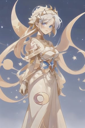 a woman with a crescent in her hair a night sky background with stars, swirls in the background, a crescent in the sky,horror,outfit-km,FFIXBG,glitter