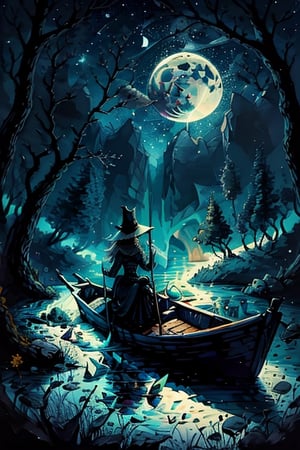a painting of woman on a boat in the lake and a full moon in the sky above ,ultra detailed brush stroke xjrex,fantasy00d,horror
