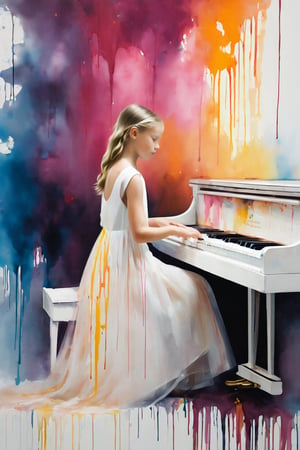 Girl playing the piano in a white dress,NYFlowerGirl,dripping paint