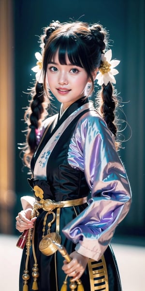Beautiful girl, solo, dark skin, red hair, slightly glowing violet eyes, long twintail hair, straight bangs covering one eye, sly smile, wearing hanbok, holding rapier in right hand, elaborate details, intricate patterns, Dynamic angles, action poses, volume lighting, multiple lighting sources, complex detailed backgrounds, masterpieces, ultra-high definition, sharp focus, (perfect waistline, perfect body),More Detail,1 girl,Wind Up Music Box,DonMF41ryW1ng5