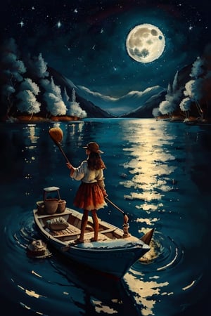 a painting of woman on a boat in the lake and a full moon in the sky above ,ultra detailed brush stroke xjrex,fantasy00d,horror,DonMF41ryW1ng5,firefliesfireflies,salttech