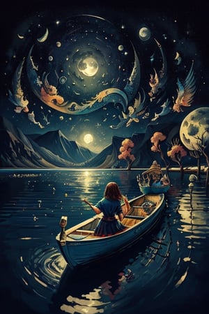 a painting of woman on a boat in the lake and a full moon in the sky above ,ultra detailed brush stroke xjrex,fantasy00d,horror,DonMF41ryW1ng5