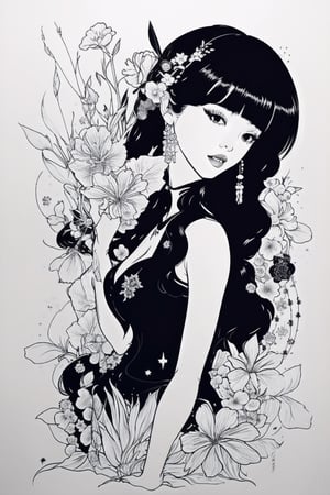 Girl  in a white dress,NYFlowerGirl,dripping paint,ral-chrcrts,Illustration,CarnelianDakimakura,flash,realhands,black pantyhose,illustration style,monochrome