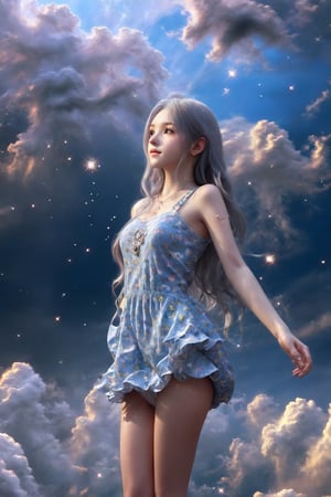 masterpiece, extremely best quality,  official art,  cg 8k wallpaper,  (Fantasy Style:1.1), (face focus,  cute,  masterpiece,  best quality,  1girl,  black background,  solo,  standing,  pixiv:1), 3d,  looking up,  light particle,  highly detailed,  best lighting,  pixiv,  depth of field,  (beautiful face),  fine water surface,  incredibly detailed,  (an extremely  beautiful),  (best quality),yua_mikami,Sci-fi ,pturbo,DonMD34thM4g1cXL,dumbo_oktopus,DonMF43XL,DonMD4rk3lv3sXL,high heel car,mythical clouds,elina