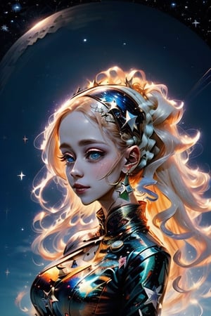 a woman with a crescent in her hair a night sky background with stars, swirls in the background, a crescent in the sky,horror,outfit-km,FFIXBG,glitter