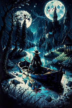 a painting of woman on a boat in the lake and a full moon in the sky above ,ultra detailed brush stroke xjrex,fantasy00d,horror