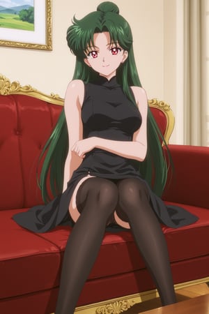 retro art style, 1990s \(style\), 1girl, setsuna meiou, long hair, red eyes, very long hair, green hair, hair bun, individual hair bun, maeup, looking at viewer, solo, cowboy shot,
black dress, stockings, indoors, living room, sitting, sitting on sofa, red sofa, legs on top of each other, smile, flirtatious,