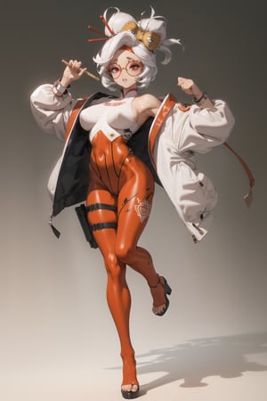 Lady, full body, white hair, Girl wearing orange tech bodysuit, orange sports leggings, tech harnesses, cargo straps, tech wear, jacket, military red pilot, plain background, no background, gradient background, 
,purah, red glasses, hair ornament, hair stick, red headband, white shirt, white jacket, orange leggings, high heels, bare shoulders, golden leg bracelet,