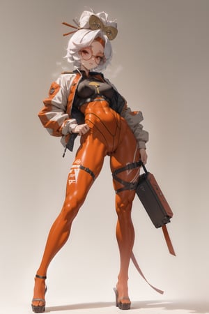 Lady, full body, white hair, Girl wearing orange tech bodysuit, orange sports leggings, tech harnesses, cargo straps, tech wear, jacket, military red pilot, plain background, no background, gradient background, 
,purah, red glasses, hair ornament, hair stick, red headband, white jacket, orange leggings, high heels