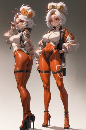 Lady, full body, white hair, Girl wearing orange tech bodysuit, orange sports leggings, tech harnesses, cargo straps, tech wear, jacket, military red pilot, plain background, no background, gradient background, 
,purah, red glasses, hair ornament, hair stick, red headband, white jacket, orange leggings, high heels,side_view,