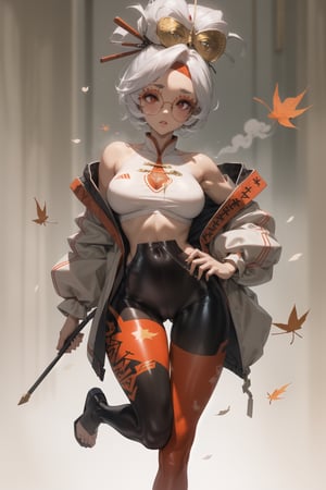 Lady, full body, white hair, Girl wearing orange tech bodysuit, orange sports leggings, tech harnesses, cargo straps, tech wear, military red pilot, plain background, no background, gradient background, 
,purah, red glasses, hair ornament, hair stick, red headband, white shirt, (orange leggings), high heels,(bare shoulders), (sleeveless), golden print,(falling leaves),white smoke,