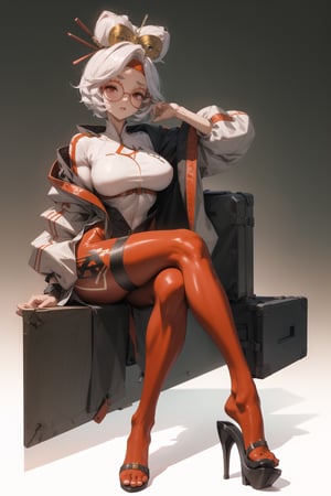 Lady, full body, white hair, Girl wearing orange tech bodysuit, orange sports leggings, tech harnesses, cargo straps, tech wear, jacket, military red pilot, plain background, no background, gradient background, 
,purah, red glasses, hair ornament, hair stick, red headband, white jacket, orange leggings, high heels,sitting,crossed_legs_(sitting),