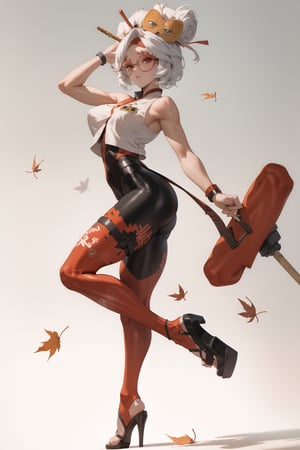 Lady, full body, white hair, Girl wearing orange tech bodysuit, orange sports leggings, tech harnesses, cargo straps, tech wear, military red pilot, plain background, no background, gradient background, 
,purah, red glasses, hair ornament, hair stick, red headband, white shirt, (orange leggings), high heels,(bare shoulders), (sleeveless), golden print,(falling leaves), from_behind, looking_at_viewer, 