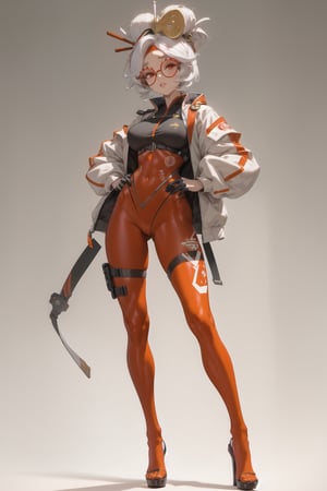 Lady, full body, white hair, Girl wearing orange tech bodysuit, orange sports leggings, tech harnesses, cargo straps, tech wear, jacket, military red pilot, plain background, no background, gradient background, 
,purah, red glasses, hair ornament, hair stick, red headband, white jacket, orange leggings, high heels