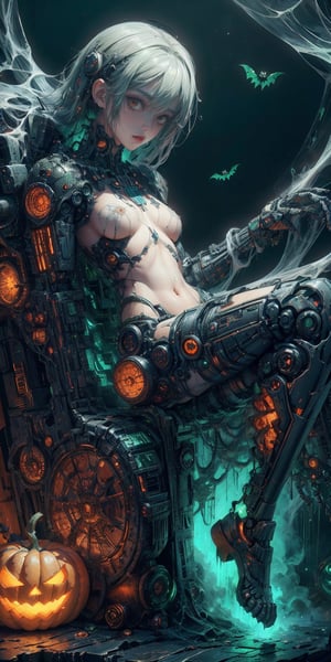 High detailed, (xx)1girl, masterpiece, best quality, 8K, highres, absurdres:1.2, masterpiece, best quality, ultra-detailed, illustration,halloweentech ,1 girl, scifi,supernatural green, mummy, fitness,scifi,mummy costume,spooky,topless, thin body, slim body, full body, grey hair, tiny boobs, flat chest, flat breasts,robot punk with arms, ride on punk, craft, detail feet, perfect quality, view from above, detail hands, detail fingers, nude, no_clothes, thin lips, floating_punks