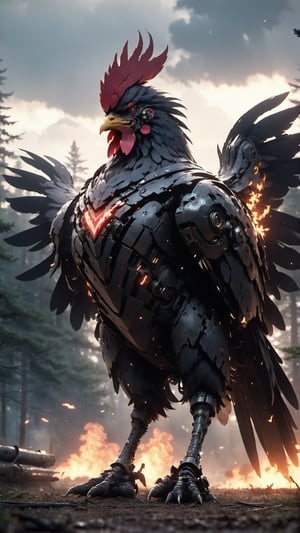 a red and black chicken, half machine, machine joints, cyberpunk,angry expression,full body, fire, floating in forest,cloudy_sky,cinematic lighting,strong contrast,high level of detail,Best quality,masterpiece,, . Extremely high-resolution details, photographic, realism pushed to extreme, fine texture, incredibly lifelike, leggendary  HD,3d