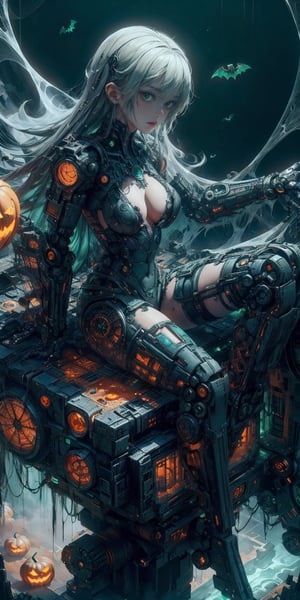 High detailed, (xx)1girl, masterpiece, best quality, 8K, highres, absurdres:1.2, masterpiece, best quality, ultra-detailed, illustration,halloweentech ,1 girl, scifi,supernatural green, mummy, fitness,scifi,mummy costume,spooky,topless, thin body, slim body, full body, grey hair, tiny boobs, flat chest, flat breasts,robot punk with arms, ride on punk, craft, detail feet, perfect quality, view from above, detail hands, detail fingers, nude, no_clothes, thin lips, bat stand at girl's arm