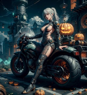 High detailed, (xx)1girl, masterpiece, best quality, 8K, highres, absurdres:1.2, masterpiece, best quality, ultra-detailed, illustration,halloweentech ,1 girl, scifi,supernatural green, mummy, fitness,scifi,mummy costume,spooky,topless, full body, grey hair, tiny boobs, flat chest, robot bike, motorbike, warcraft, steampunk,detail feet, perfect quality, view from above,looking at viewer, detail hands, detail fingers, thin lips, motor truck, steam, gas, 