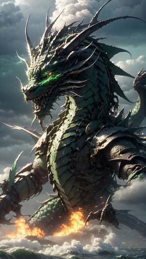 a green Chinese Dragon, half machine, machine joints, cyberpunk, metal wings ,angry expression,full body, fire, floating in stormy sky, ocean,cloudy_sky,cinematic lighting,strong contrast,high level of detail,Best quality,masterpiece,, . Extremely high-resolution details, photographic, realism pushed to extreme, fine texture, incredibly lifelike, leggendary  HD,3d