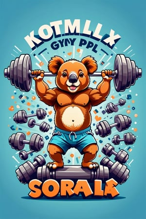 2d flat design deaturing a koala lifting a massive dumbell with  text "koality gym" text, in isolated on a white background,Text,tshirt design