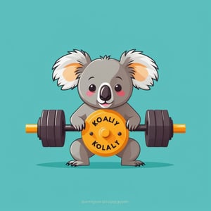 2d flat design deaturing a koala lifting a massive dumbell with  text "koality gym" text, in isolated on a white background,Text