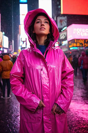 Ultra-high resolution, cinematic lighting,Woman wearing pink raincoat in Times Square, mexican, neon photography style