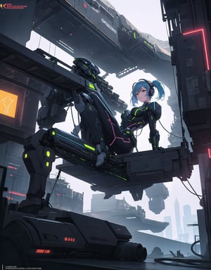 Masterpiece in 8K resolution, featuring an ultra-technological and cyberpunk mecha style, offering a unique visual experience. | A stunning 20-year-old woman wears a completely white mecha musume suit, with touches of blue and bright golden neon stripes, highlighting her curves in an engaging manner. The cybernetic helmet, merged with a large headset adorned with neon lights, accentuates her mischievous gaze as she smiles intensely, fixing her eyes directly on the viewer. Her short blue hair is adorned with two pigtails held by silver ornaments. The camera, positioned close to the character, reveals her entire body as she adopts a sensual pose, interacting and boldly leaning on an imposing structure. Leaning back audaciously, she creates a captivating atmosphere. | The scene unfolds in an alien aircraft filled with advanced machinery, large technological structures, and massive computers with energy pipes, pipelines, and power cables permeating the environment. In the background, a gigantic alien uses an imposing robotic armor. The ultra-technological, cyberpunk mecha style imparts a futuristic and engaging aesthetic to the scene. | She is adopting a ((sensual pose as interacts, boldly leaning on a large structure, leaning back in a dynamic way):1.3), ((full body)), perfect hand, fingers, hand, perfect, better_hands, Big, More Detail.