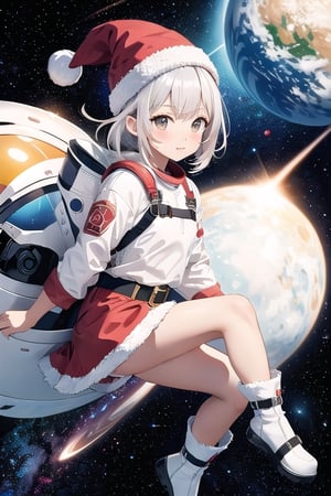 lustration of cute girl, (anime style), (flat:1.5), BREAK, 1girl, solo, (santa claus clothes),white hair, bangs bangs, full body, Looking viewer, (space suit:1.2),