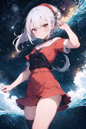 lustration of cute girl, (anime style), (flat:1.5), BREAK, 1girl, solo, (santa claus clothes),white hair, bangs bangs, full body, Looking viewer, (angry:1.5),