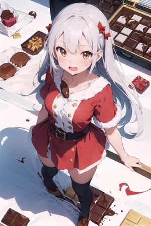 lustration of cute girl, (anime style), (flat:1.5), BREAK, 1girl, solo, (santa claus clothes),white hair, bangs bangs, full body, Looking viewer, (with chocolate:1.5),