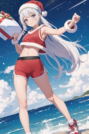 illustration of cute girl, (anime style), (flat:1.5), BREAK, 1girl, solo, (santa claus clothes),white hair, bangs bangs, full body, Looking viewer, (sports gym:1.3),