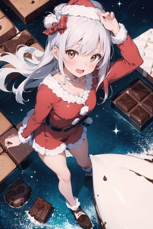 lustration of cute girl, (anime style), (flat:1.5), BREAK, 1girl, solo, (santa claus clothes),white hair, bangs bangs, full body, Looking viewer, (with chocolate:1.5),
