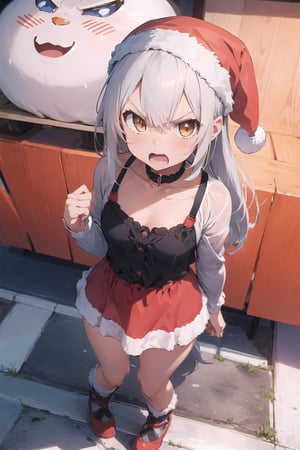 lustration of cute girl, (anime style), (flat:1.5), BREAK, 1girl, solo, (santa claus clothes),white hair, bangs bangs, full body, Looking viewer, (angry:1.5),