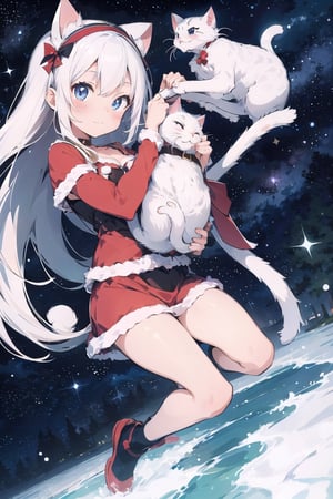 lustration of cute girl, (anime style), (flat:1.5), BREAK, 1girl, solo, (santa claus clothes),white hair, bangs bangs, full body, Looking viewer, (with cat:1.5),