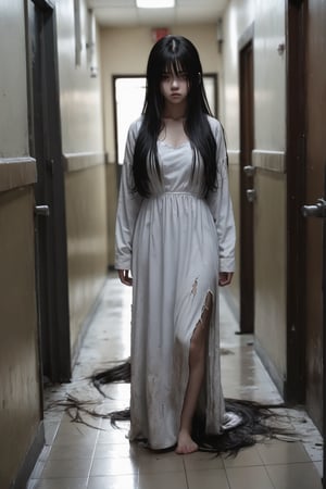 High resolution, extremely detailed, atmospheric scene, masterpiece, best quality, high resolution, 64k, high quality, Full body, SAM YANG, 1girl, angry, looking at viewer, front_view, long black hair, bangs in front of the eyes, hair over eyes, pale skin, grey_skin, dirty skin, long black hair, hair over eyes, hair between eyes, white dirty dress, very long dress, ripped dress, long sleeves, dirty clothes, torn clothes, barefeet, indoors, empty_eyes, empty_building, ((horror)), (theme), corridor dirty hospital background, EnvyBeautyMix23.