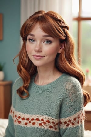 1 woman, 30 years old, knitted jumper, upper body, bedroom background,  blushing, highest quality, masterpiece, (looking at viewer), ginger wavy hair, bangs, biting lip, seductive, bokeh,pocahontas,ssvie,Meg Griffin