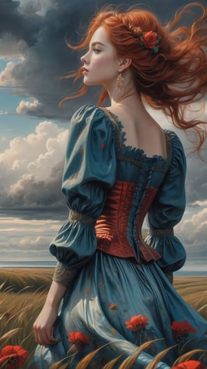 1girl, solo, long hair, long sleeves, dress, closed mouth, braid, flower, red hair, earrings, outdoors, sky, day, puffy sleeves, cloud, water, from side, lips, ocean, cloudy sky, grass, wind, corset, freckles, long skirt, in the style of esao andrews,style