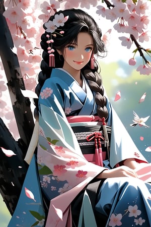 breathtaking ethereal RAW photo of female (Masterpiece, beautiful details, perfect focus, uniform 8K wallpaper, high resolution, exquisite texture in every detail, 1 girl, solo, blue eyes, clear deep eyes, happy, long hair, blush, smile, black hair, hair ornament, sitting, whole body, braid, flowers, Japanese clothes, hair Flowers, wide sleeves, kimono, tree, sash, obi, floral pattern, sandals, cherry blossoms, pink flowers, branches, kimono, sitting on a tree branch, wind, falling cherry blossom petals,