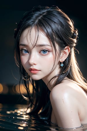 (A melancholy and very beautiful portrait of a woman, subtle presence of light and water, sparkle, light blue eyes, long wet dark blue hair, wet skin, pale skin, frekles, in focus. Features (no background flickering, mesmerizing light), detailed textures, high quality, high resolution, high precision, realism, color correction, proper lighting settings, harmonious composition, wide shot, perfect eyes, works on Behance