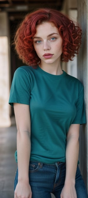 Aesthetic artwork, a woman, red hair, blue eyes, curly hair, freckles on both cheeks, full lips, sympathetic look, fair skin, green t-shirt, black jeans, small build,milf,perfect,<lora:659111690174031528:1.0>