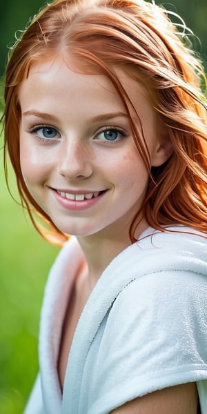 portrait of innocent cute redhead teen girl, frekles, outdoors, perfect boobs, puffy boobs, wet hair, shiny wet skin, athletic, wrapped in a towel, cute smile, perfect lighting, professional photography, (64k high quality), highly detailed, detailed gorgeous face, NSFW, full body, beautiful eyes, grey eyes, portrait, close_up,