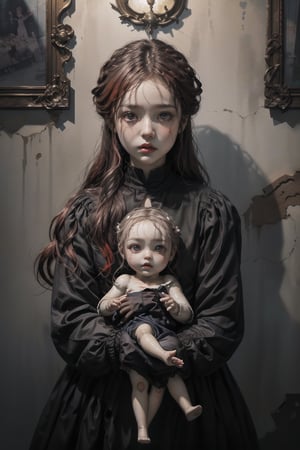 High resolution, extremely detailed, atmospheric scene, masterpiece, best quality, 64k, high quality, (HDR), HQ , illustration, very detailed, beautiful and aesthetic, (ultra quality image), Highly detailed, (ultra detailed image), ultra high res, A hauntingly eerie scene unfolds on the old damp wall a woman, where an antique porcelain baby doll with a cracked face stares out with glowing red eyes, official artwork, room is on fire, the background is on fire, high quality artwork, sunburn, album art, stoner,