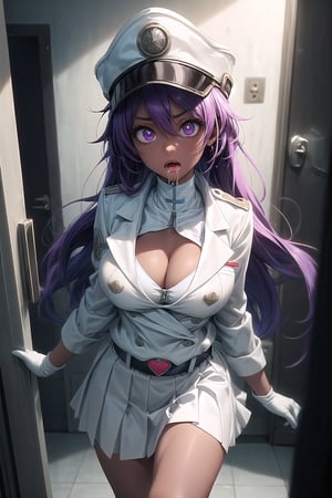 (Bambietta Basterbine dressed in her white uniform. Her jacket is open as is the zipper on her uniform, exposing her large breasts. She has long hair and dark skin. she looks directly into the camera. Her outfit is completed with a peaked cap, a white skirt and a white jacket. The background represents an absolutely white room, walls, doors, everything is white and dim blue lighting. Bambietta has a lost look on her face and her mouth is open, drooling like a zombie. She walks, trying to reach the viewer. The colors in the image are mainly blue and white tones. The overall atmosphere of the image is terrifying and the feeling of claustrophobia),
BambiettaDef, (dark-skinned female), 
score 9, score 8 up, score 7 up, 1girl, highres, masterpiece, purple eyes, bags under eyes, blank eyes, purple hair, hair between eyes, bangs, very long hair, jewelry, heart, large breasts, cleavage, cleavage cutout, bra, skirt, long sleeves, hat, jacket, heart, pleated skirt, belt, uniform, military uniform, white jacket, white skirt, peaked cap, military hat, constricted pupils, drooling, open mouth, saliva, zombie, white gloves, indoors, reaching towards viewer, horror_theme, walking, open jacket, open clothes, depth of field, pov, liminal space, blue lighting, expressionless 