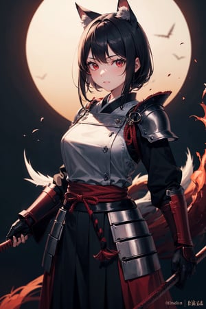 (dinamic pose), (face of a 26 year old girl, body of a 26 year old girl), crimson red eyes, female samurai, armor, skirt, horror style, area lighting, black_kitsune
